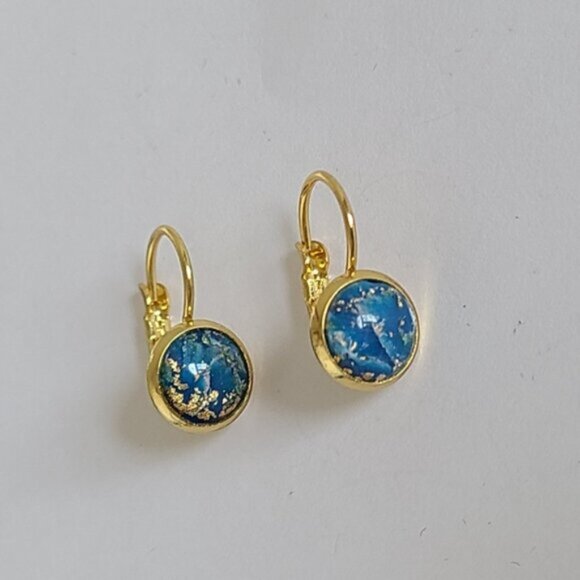 Elegant Hand Crafted Boho Blue Gold Gemstone Marble Circle Drop Dangle Earrings - Picture 8 of 14